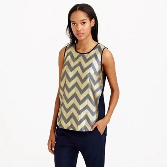 J Crew Navy & Gold Chevron Gilded Tank Blouse - Picture 1 of 7